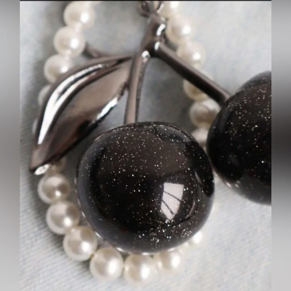 ✨NEW✨ Black Glitter Sparkling Cherry Keychain with Pearls Purse Bag charm